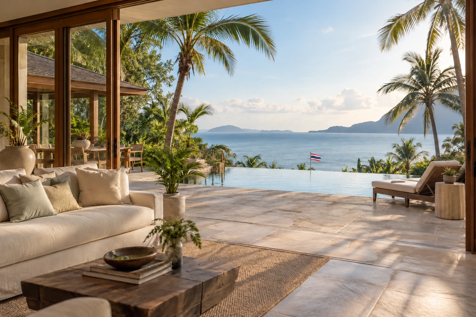 Tropisk terrasse med pool, thailandsk flag og havudsigt
